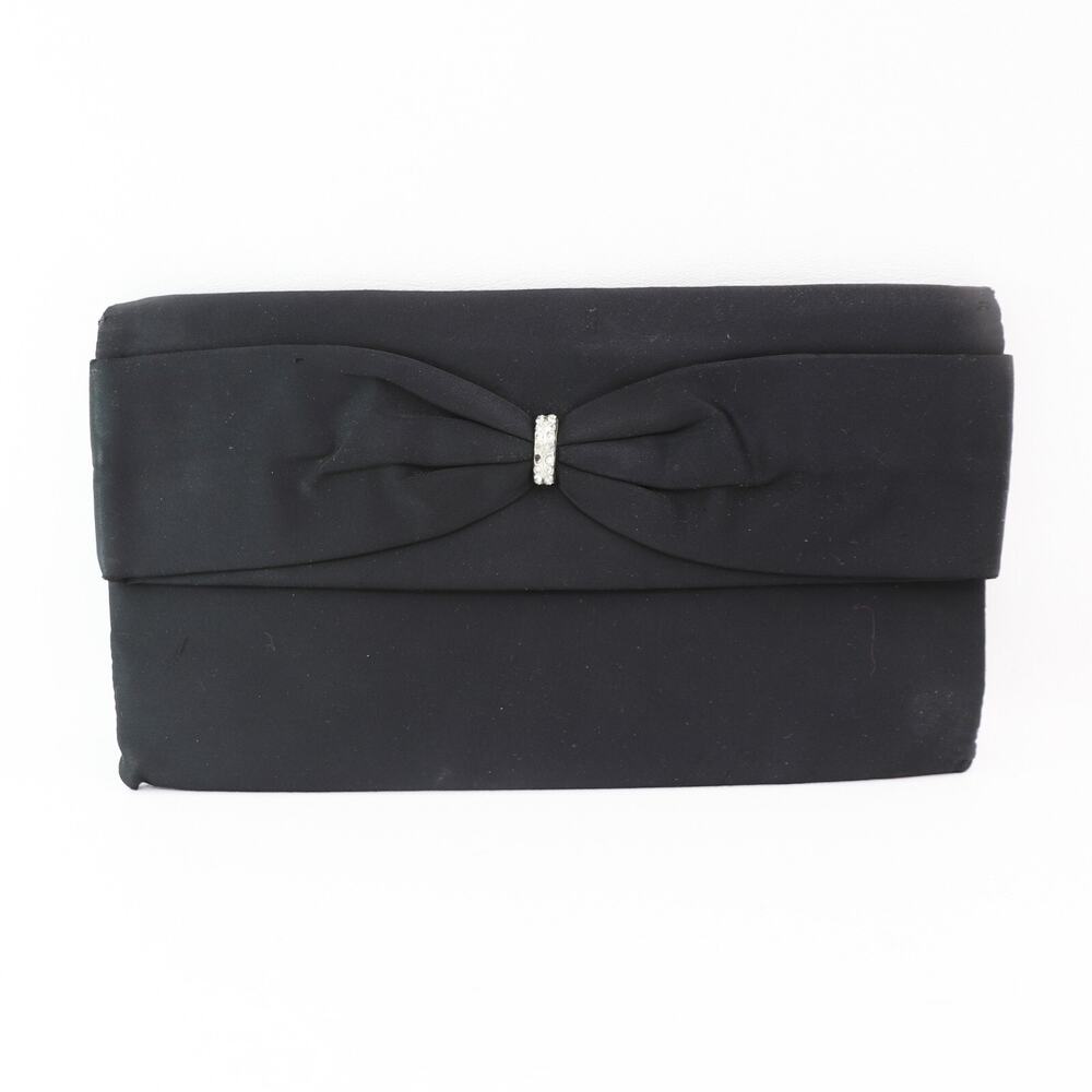 Vintage Classic Clutch Handbag Women Black Bow Rhinestone Hinged Purse Bag